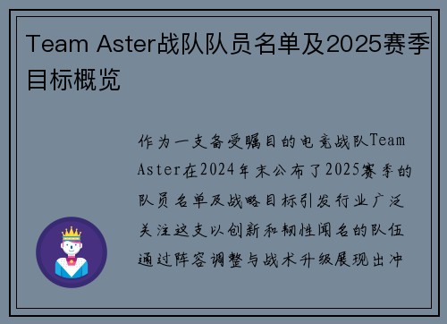 Team Aster战队队员名单及2025赛季目标概览
