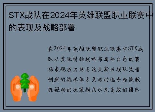 STX战队在2024年英雄联盟职业联赛中的表现及战略部署